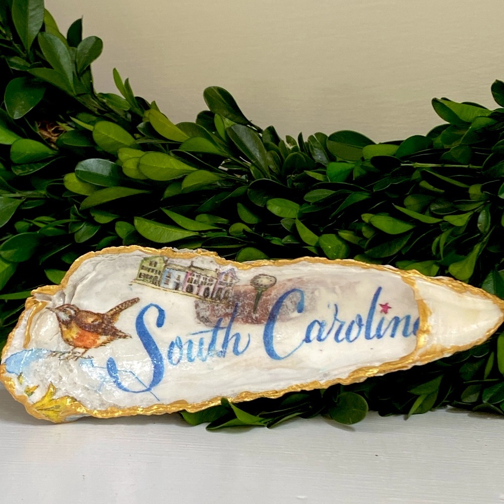 NEW HANDMADE SOUTH CAROLINA DECOUPAGE OYSTER SHELL TRINKET, RING DISH